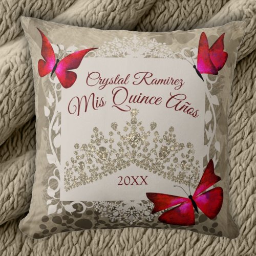 Red Butterflies Taupe Tiara Quinceanera Pillow