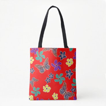 Red butterfly and tropical floral print tote Red butterfly and tropical floral print tote