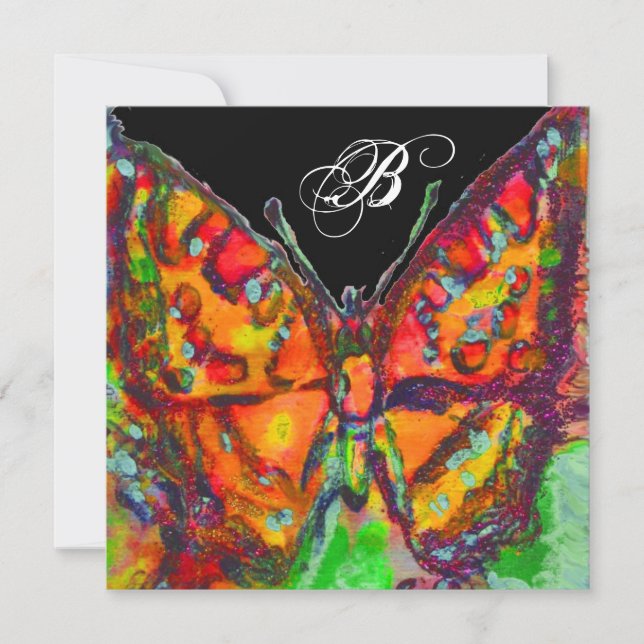 RED BUTTERFLY BLUE GOLD YELLOW SPARKLES MONOGRAM ANNOUNCEMENT (Front)