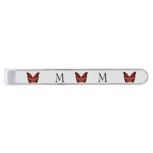 Red Butterfly Design Monogrammed Silver Finish Tie Bar