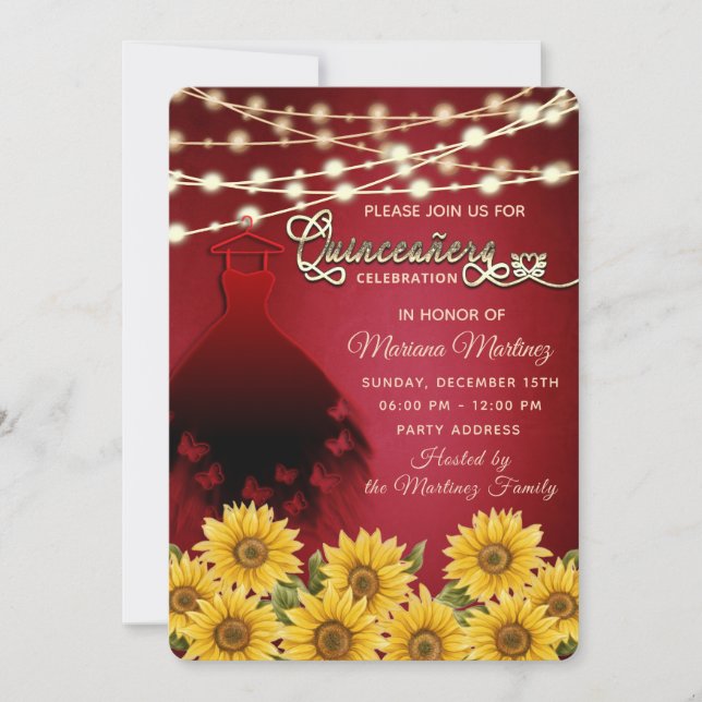 Red butterfly dress Sunflower String lights quince Invitation (Front)