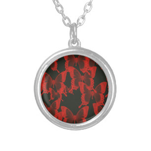 red butterfly from dark night background silver plated necklace