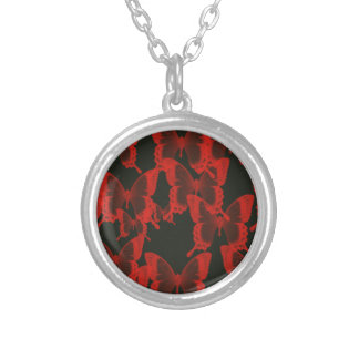 red butterfly from dark night background silver plated necklace