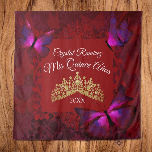 Red Butterfly, Gold Tiara Quinceanera Back Drop (Red pink butterflies quinceanera tapestry wall drape, gold tiara crown, red mis quince)