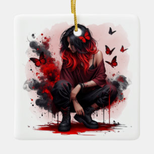 Red butterfly grunge girl ceramic ornament