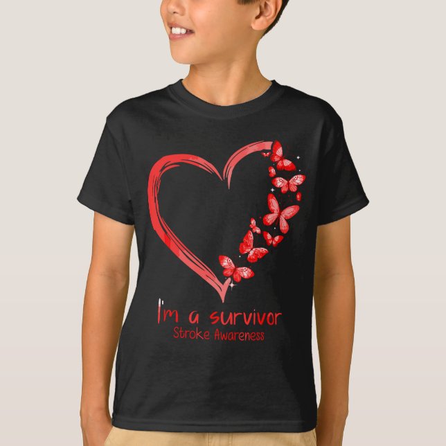 Red Butterfly Heart I'm A Survivor Stroke Awarenes T-Shirt (Front)