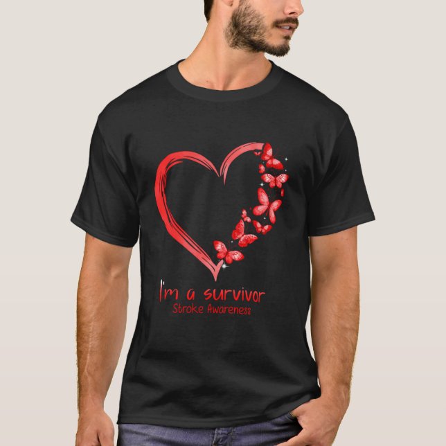 Red Butterfly Heart I'M A Survivor Stroke Awarenes T-Shirt (Front)