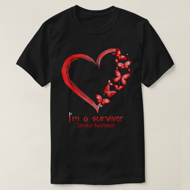 Red Butterfly Heart I'm A Survivor Stroke Awarenes T-Shirt (Design Front)
