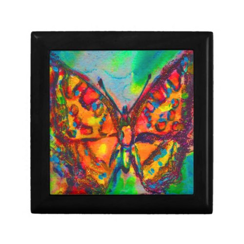 RED BUTTERFLY IN BLUE GREEN GOLD SPARKLES GIFT BOX