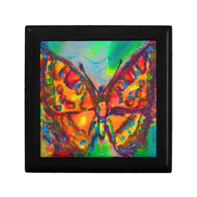 RED BUTTERFLY IN BLUE GREEN GOLD SPARKLES GIFT BOX (Front)