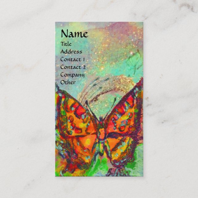 RED BUTTERFLY IN BLUE GREEN GOLD SPARKLES Monogram Business Card (Front)