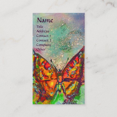 RED BUTTERFLY IN BLUE GREEN GOLD SPARKLES Monogram Business Card