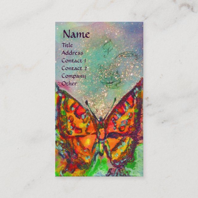 RED BUTTERFLY IN BLUE GREEN GOLD SPARKLES Monogram Business Card (Front)