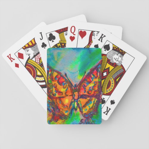 RED BUTTERFLY IN BLUE GREEN GOLD SPARKLES PLAYING CARDS