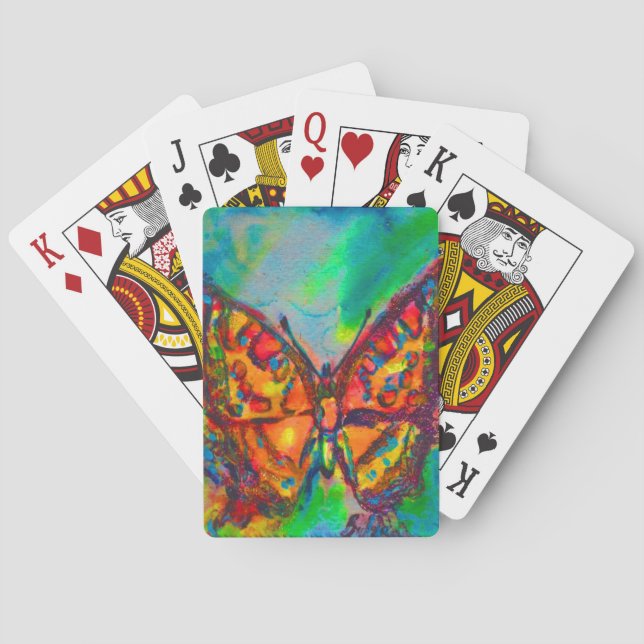 RED BUTTERFLY IN BLUE GREEN GOLD SPARKLES POKER CARDS (Back)