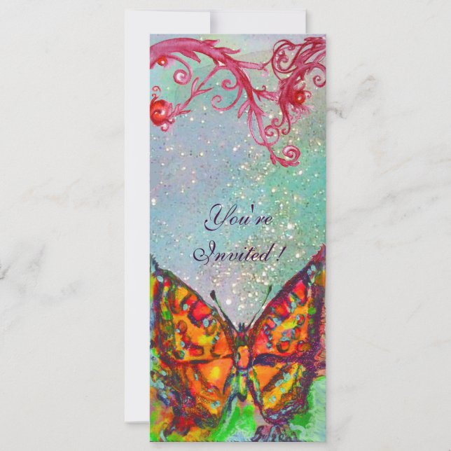 RED BUTTERFLY IN BLUE GREEN TEAL GOLD SPARKLES INVITATION (Front)