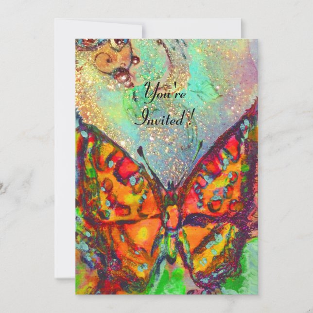 RED BUTTERFLY IN BLUE GREEN TEAL GOLD SPARKLES INVITATION (Front)