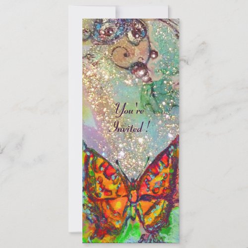 RED BUTTERFLY IN BLUE GREEN TEAL GOLD SPARKLES INVITATION