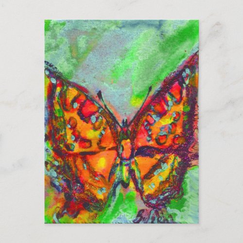 RED BUTTERFLY IN BLUE GREEN TEAL GOLD SPARKLES POSTCARD