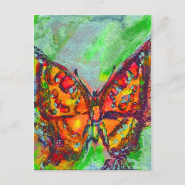 RED BUTTERFLY IN BLUE GREEN TEAL GOLD SPARKLES POSTCARD (Front)