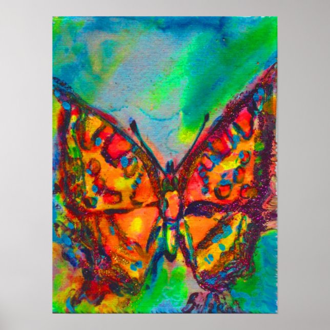 RED BUTTERFLY IN BLUE GREEN TEAL GOLD SPARKLES POSTER (Front)