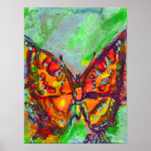 RED BUTTERFLY IN BLUE GREEN TEAL GOLD SPARKLES POSTER