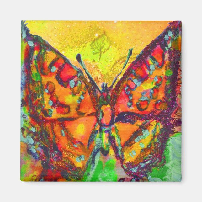 RED BUTTERFLY IN GOLD YELLOW SPARKLES MAGNET (Front)