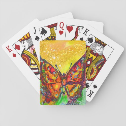 RED BUTTERFLY IN GOLD YELLOW SPARKLES PLAYING CARDS