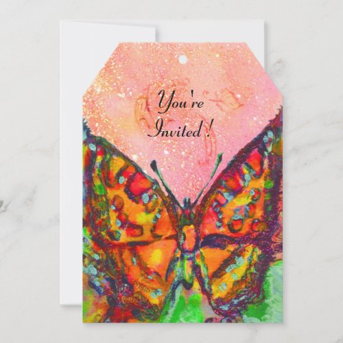 RED BUTTERFLY IN PINK FUCHSIA GOLD SPARKLES INVITATION