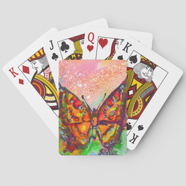 RED BUTTERFLY IN PINK GOLD YELLOW SPARKLES POKER CARDS (Back)