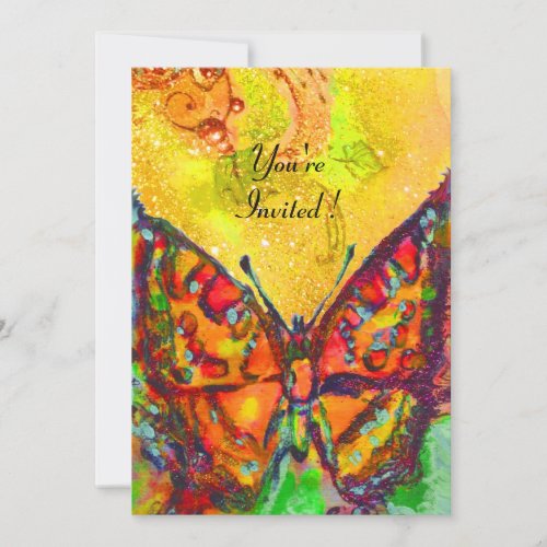 RED BUTTERFLY IN YELLOW BROWN GOLD SPARKLES INVITATION