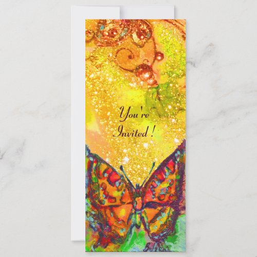 RED BUTTERFLY IN YELLOW BROWN GOLD SPARKLES INVITATION