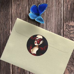 Red Butterfly Masquerade Woman Gothic Fantasy Classic Round Sticker
