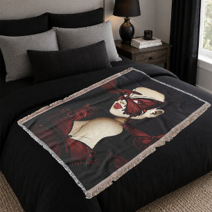 Red Butterfly Masquerade Woman Gothic Fantasy Throw Blanket