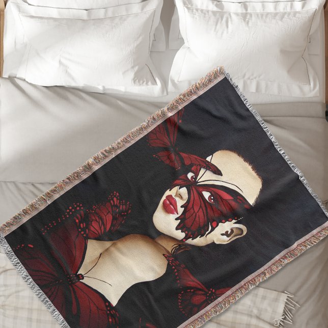 Red Butterfly Masquerade Woman Gothic Fantasy Throw Blanket (Creator Uploaded)