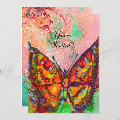 RED BUTTERFLY PINK FUCHSIA GOLD SPARKLES Sweet 16 Invitation