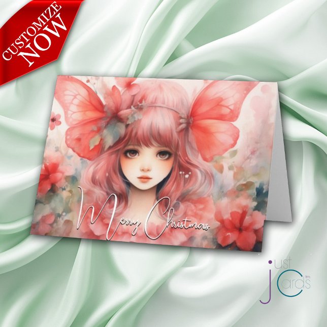 Red Butterfly Pixie Christmas Holiday  Card (Customizable Text)
