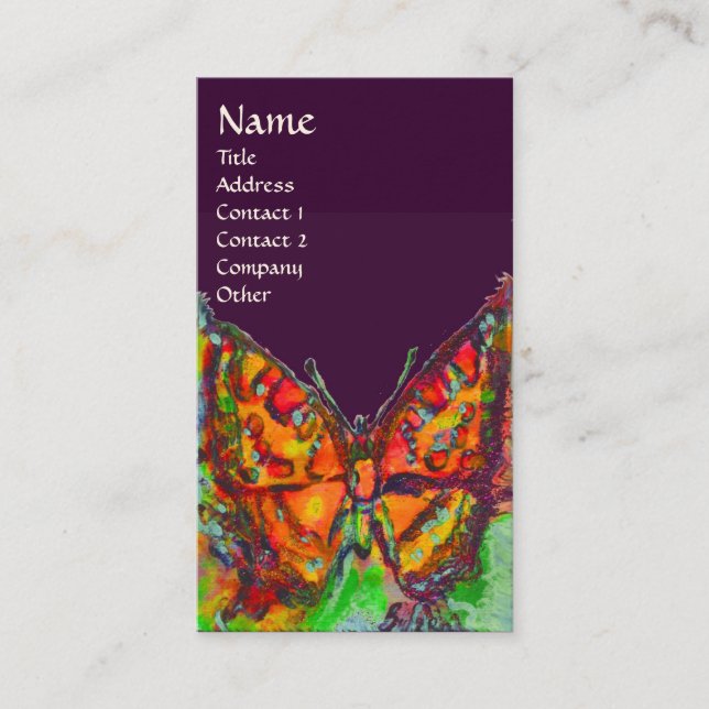 RED BUTTERFLY PURPLE YELLOW GOLD SPARKLES Monogram Business Card (Front)