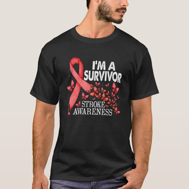 Red Butterfly Red Ribbon I'm A Survivor Stroke Awa T-Shirt (Front)