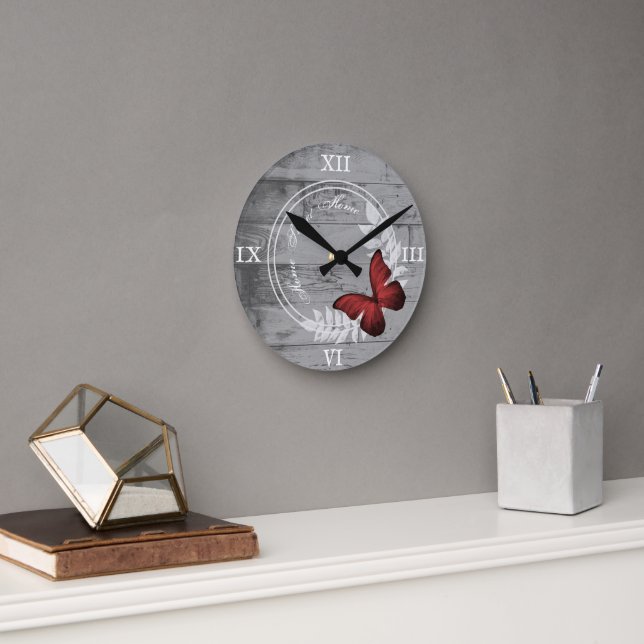 Red Butterfly Rustic Acrylic Wall Clock (Office)