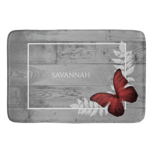 Red Butterfly Rustic Personalized Bath Mat