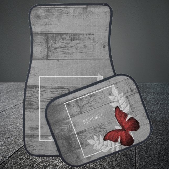 Red Butterfly Rustic Personalized Car Floor Mat (Red Butterfly Rustic Personalized Car Mats)