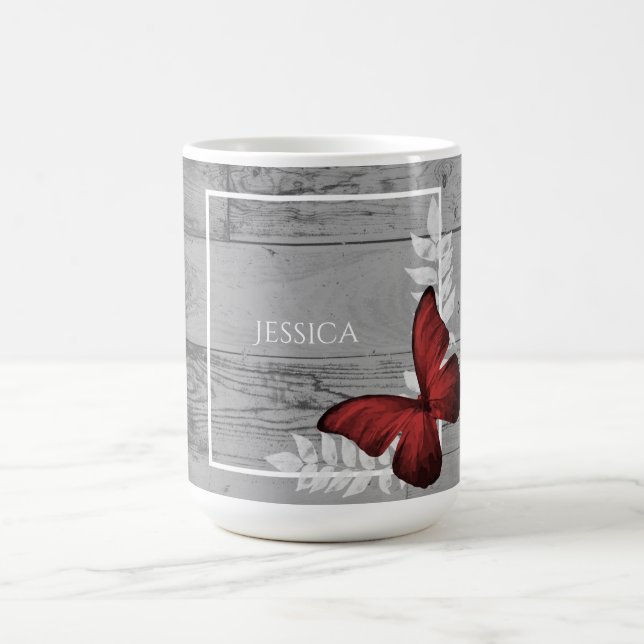 Red Butterfly Rustic Personalized Coffee Mug (Center)