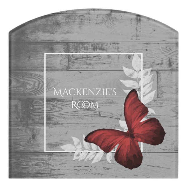 Red Butterfly Rustic Personalized Door Sign (Contour Front)