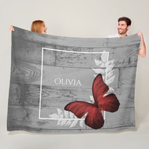 Red Butterfly Rustic Personalized Fleece Blanket