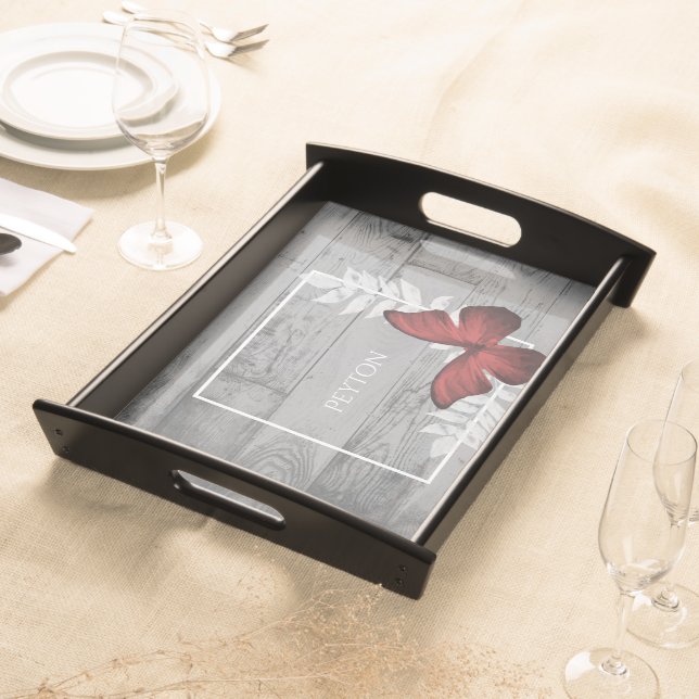 Red Butterfly Rustic Personalized Serving Tray (Front)