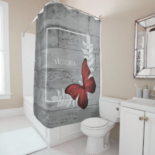 Red Butterfly Rustic Personalized Shower Curtain