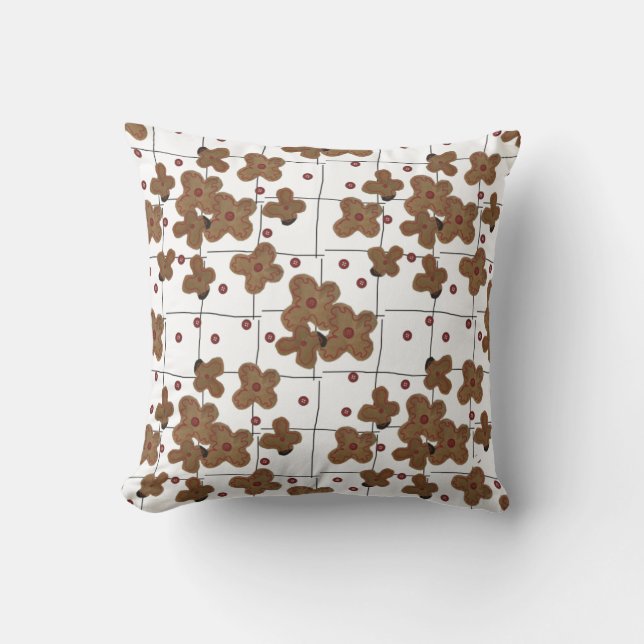 Red Buttons Brown Paper Flowers on White Throw Pillow (Front)