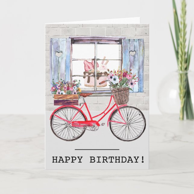 Red Bycycle with Flower Basket Summer Birthday Card (Front)