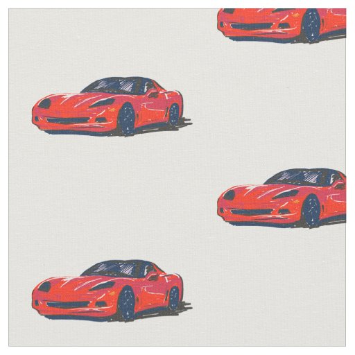 Red C6 Corvette Hand Drawn Sketch Fabric